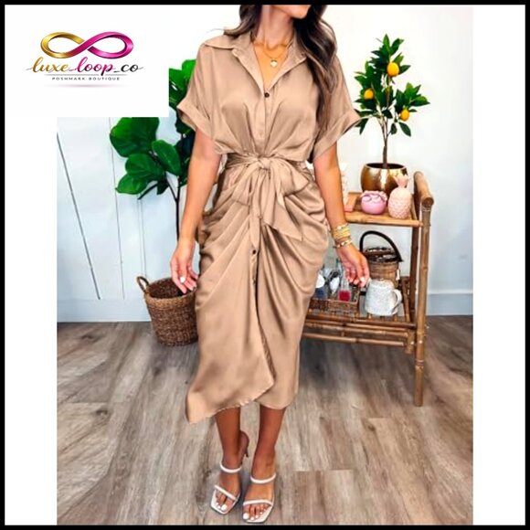 Silk Satin Maxi Dress Button Down Ruched Tie Waist Formal Cocktail Wedding - Picture 3 of 7